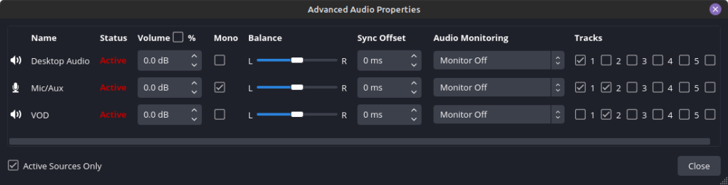 OBS Advance Audio Properties where 3 Audio devies are listed:
1. Desktop Aduio which is used in track 1
2. Mix/Aux which is used in tracks 1 and 2
3. VOD which is used in track 2