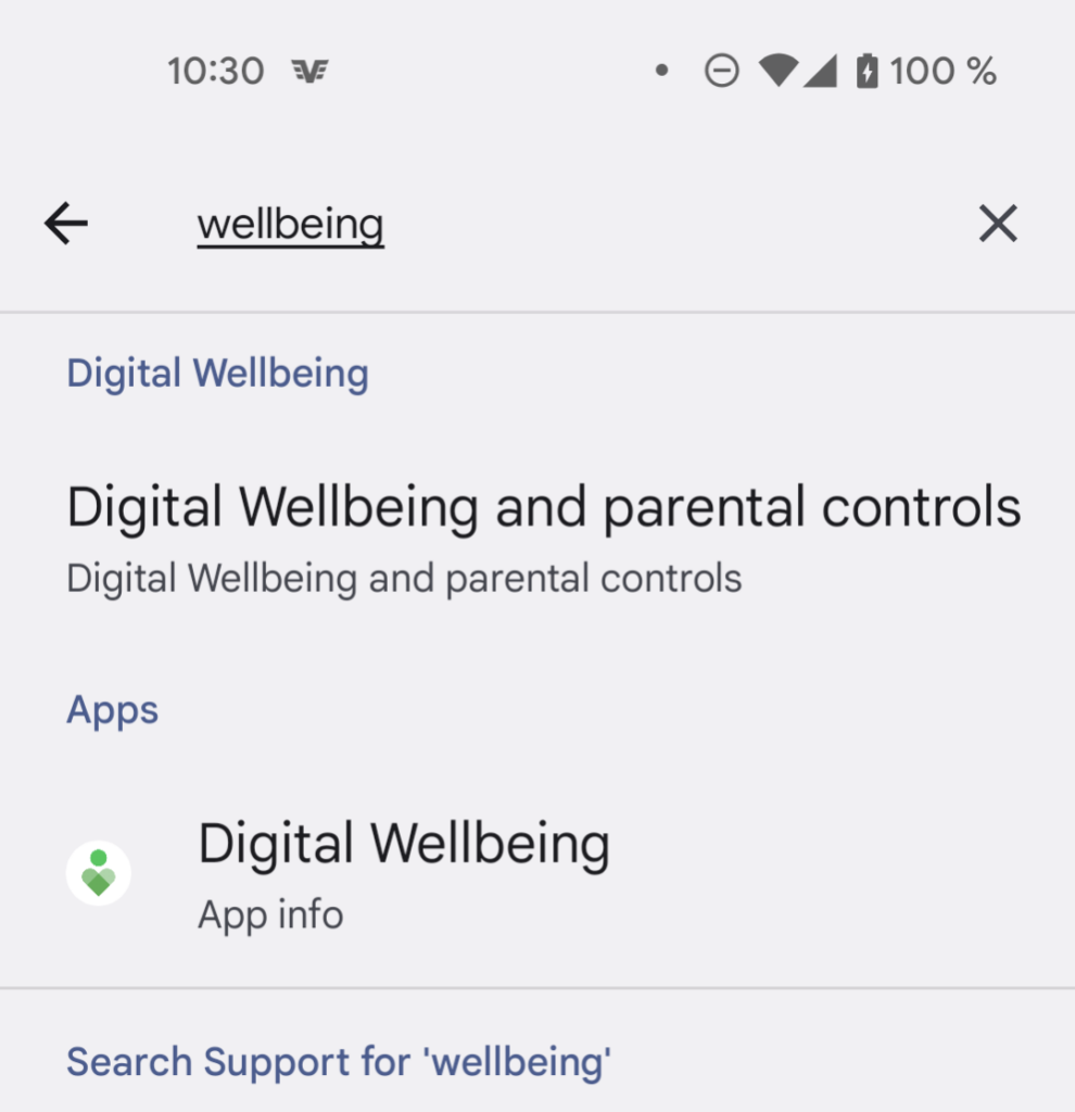 Search result for "wellbeing" in Android settings.
First result is "Digital Wellbeing and parental controls", second result is "the app Digital Wellbeing".