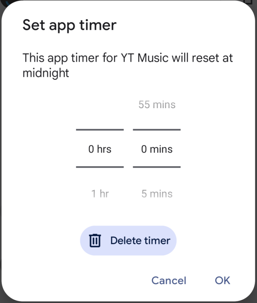 Popup for setting a timer for an app. This timer is for the app YouTube Music and is set to 0 hours and 0 minutes.