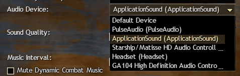 Guild Wars 2 audio settings, where ApplicationSound is selected and the list of all available outputs can be seen.