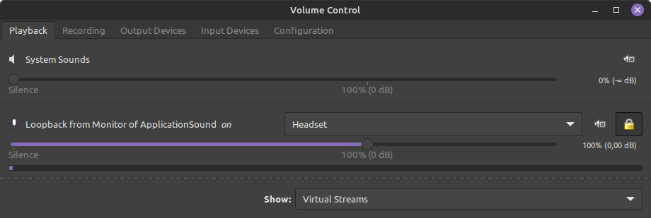 Volume control, where Playback tab is selected and filtered on virtual streams. You can see the Loopback from Monitor of ApplicationSound on Headset.