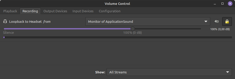 Volume Control Recording tab which displays the Loopback to Headset from Monitor of ApplicationSound.