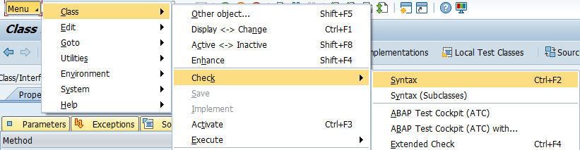 Menu path for ABAP Test Cockpit in SAP GUI. The SAP menu is opened and the path is Class, C is underlined, then Check with an underlined K. In this menu section you can see ABAP Text Cockpit (ATC) with an underlined A